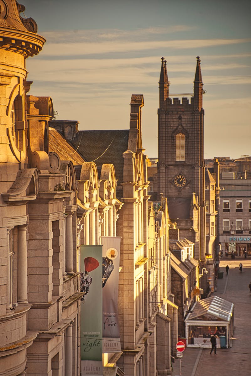 Church Tower and Aberdeen Buildings at Sunset