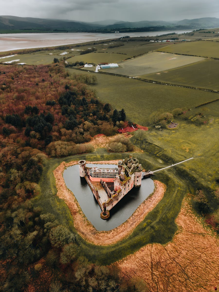 Aerial View of the Caerlaverock Castle in Autumn, Scotland